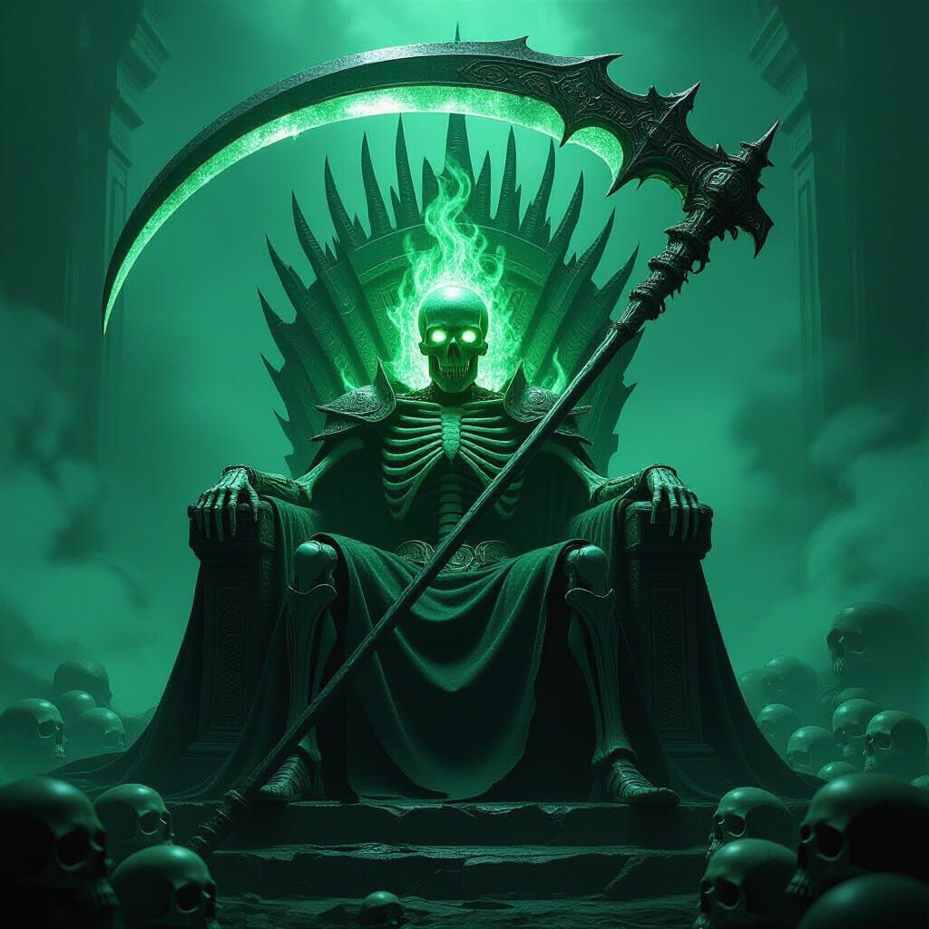 Emerald Skeleton on Obsidian Throne in Biomechanical Style