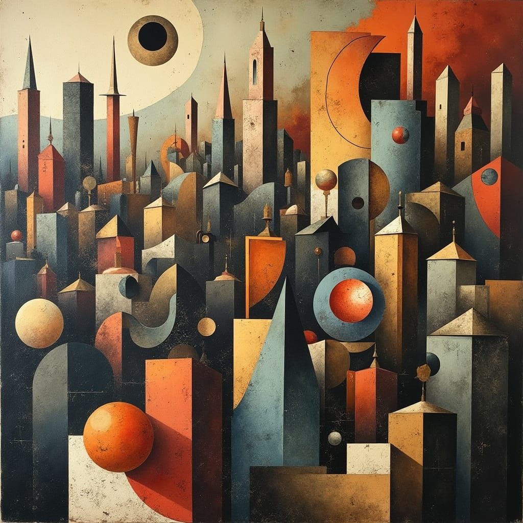 Abstracted Cityscape in Vorticist Style with Geometric Forms