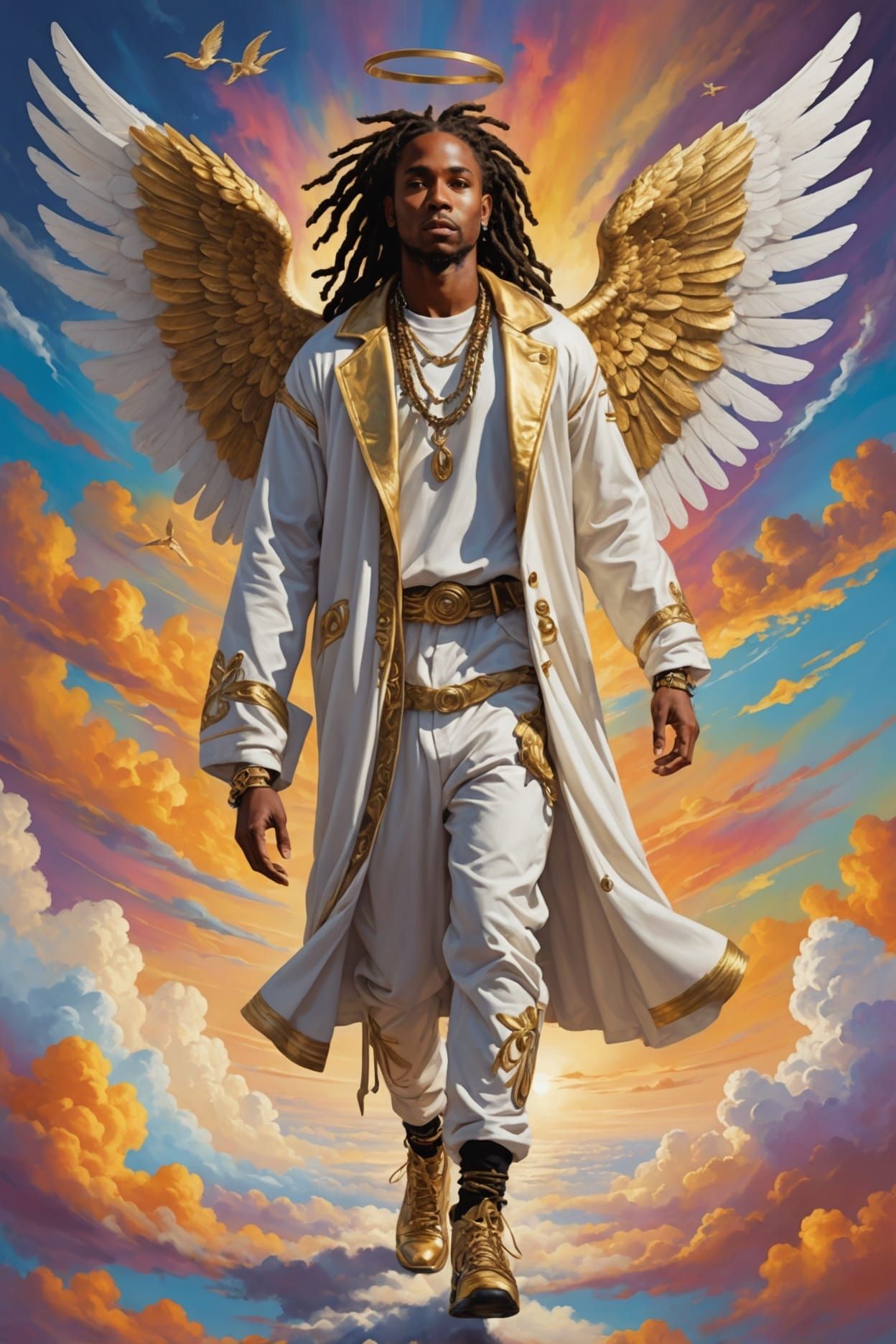 Black Angel Walking on Colorful Clouds