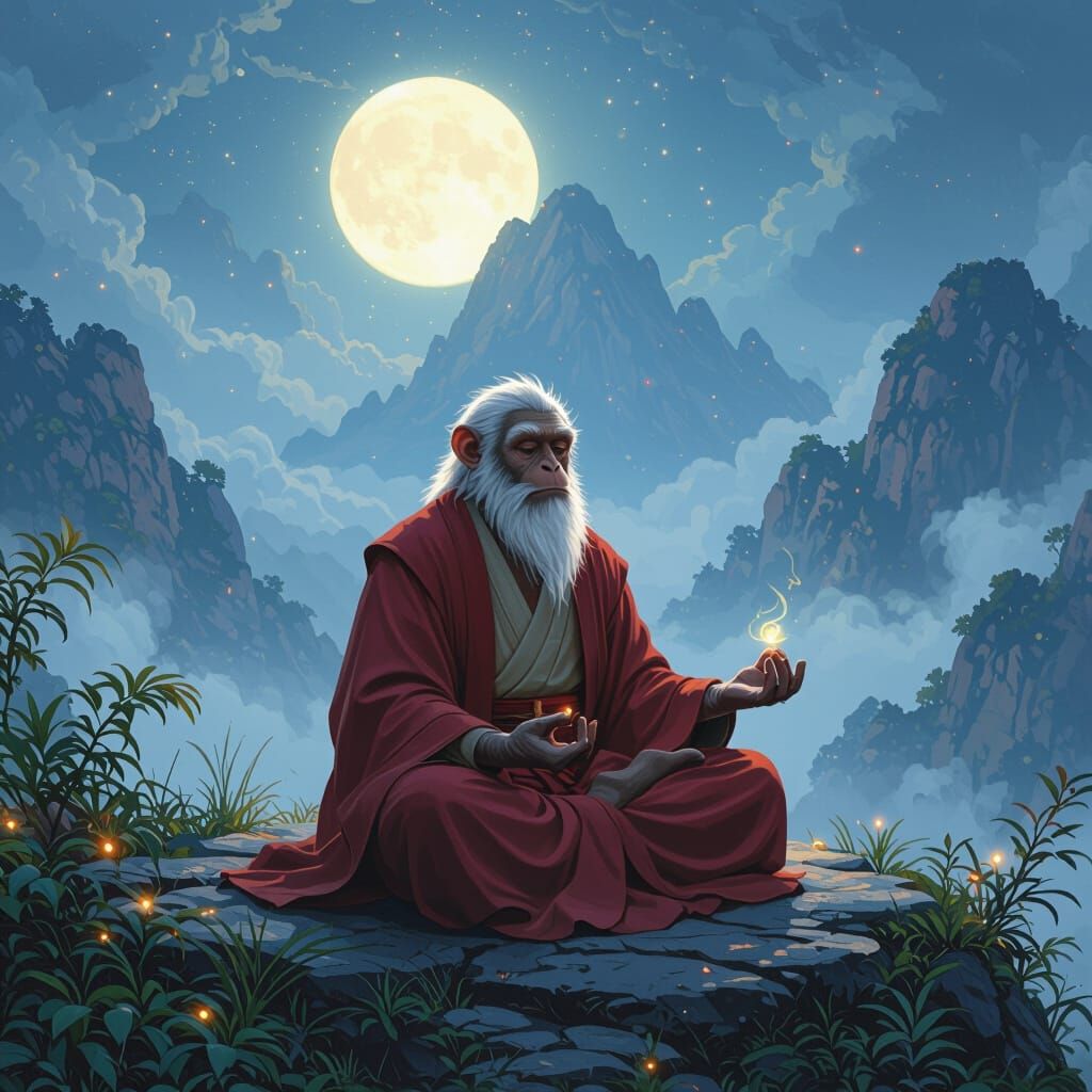 Monkey Sage Meditating on Misty Mountaintop