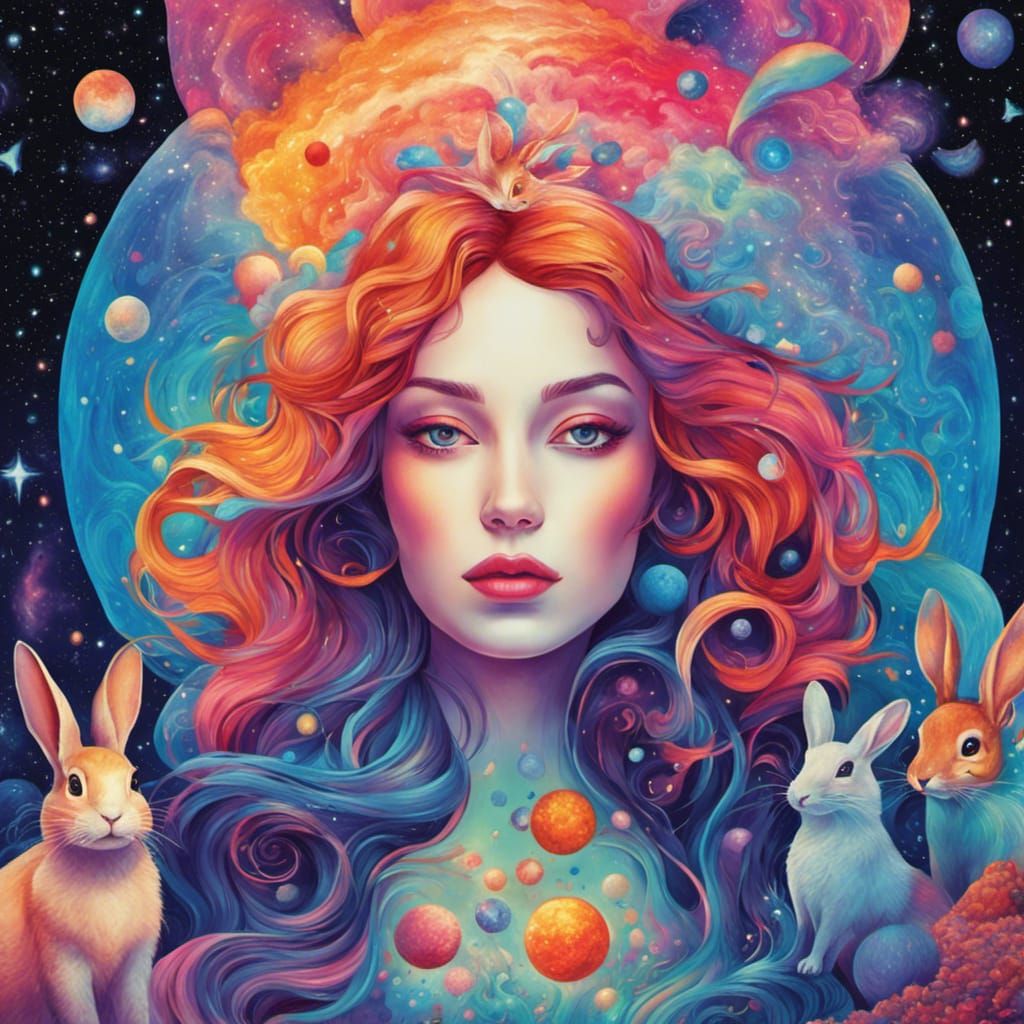 Cosmic Woman with Rabbits in Pointillism Style