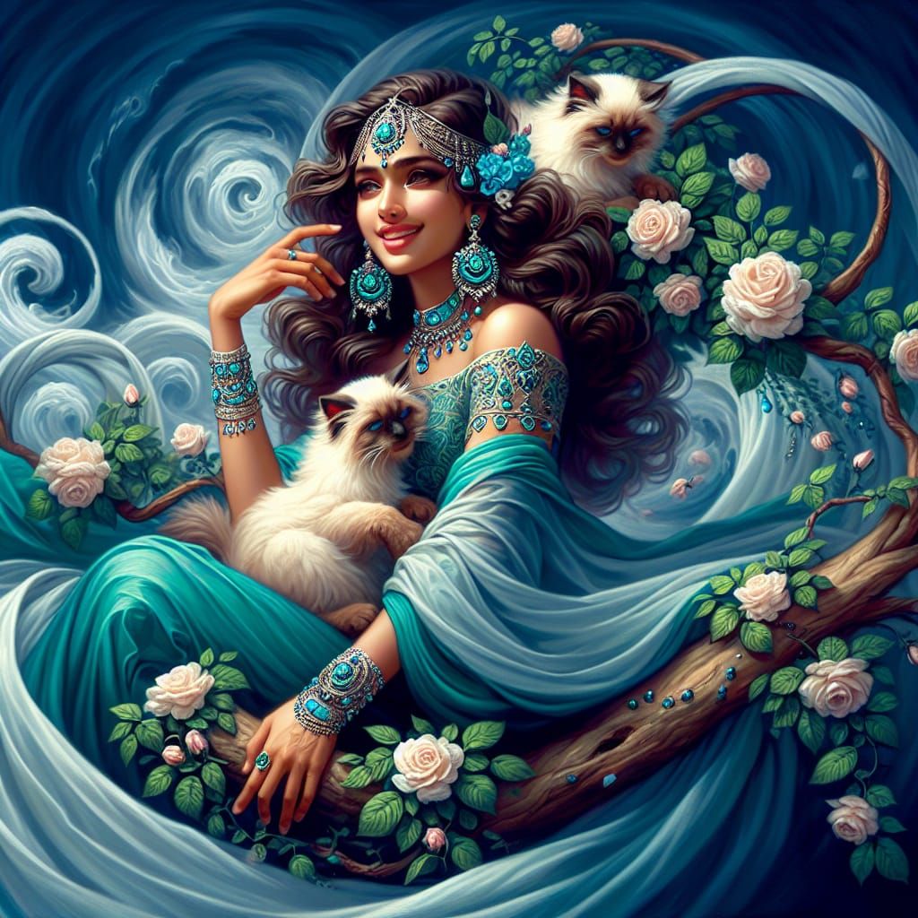 Indian Princess Portrait with Siamese Cats as Oil Painting