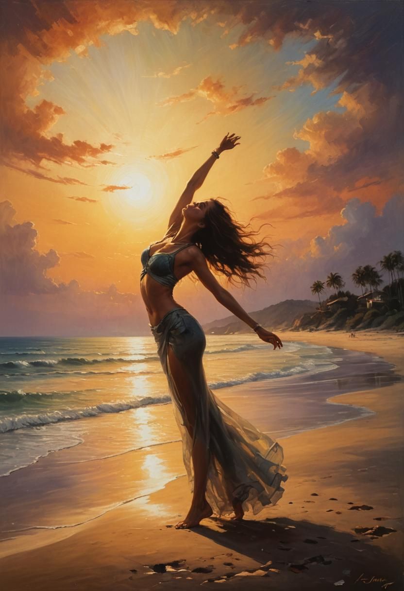 Sunset Beach Oil Painting of a Woman