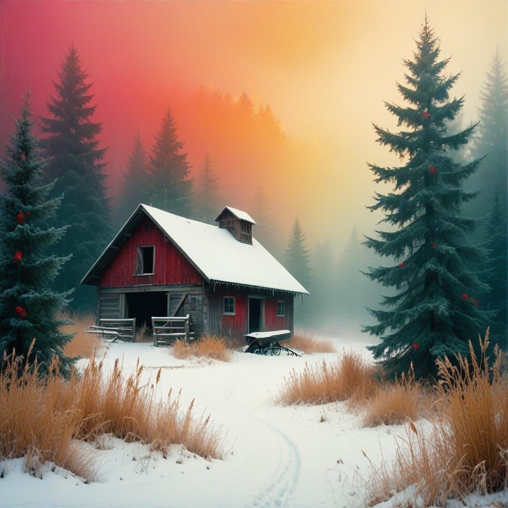 Winter Barn Scene in Vibrant Watercolor