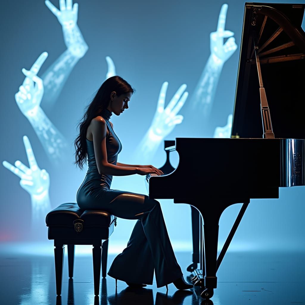 Nova Plays Piano with Digital Hands on Stage