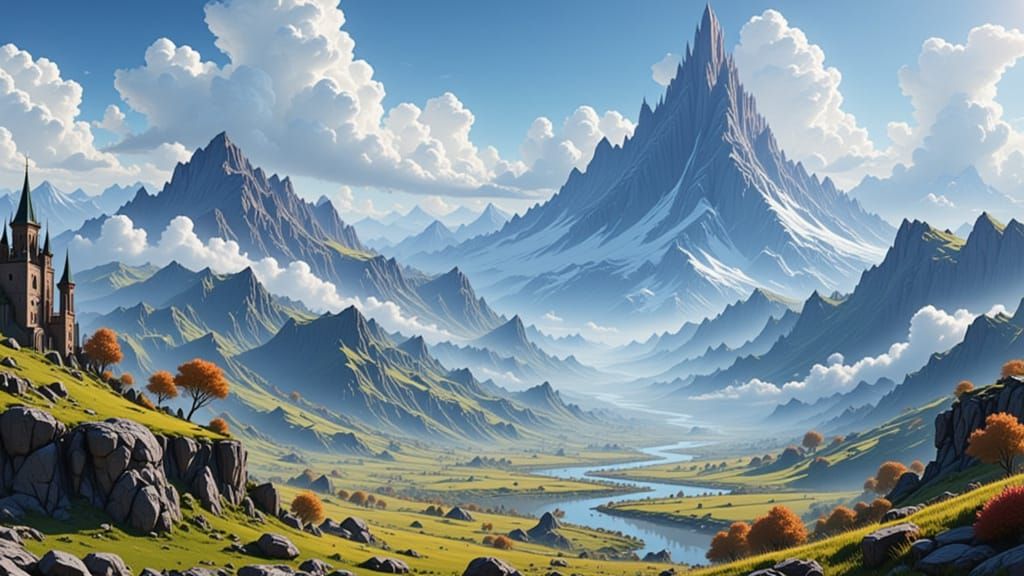 Epic Fantasy Landscape with Medieval and Futuristic Elements