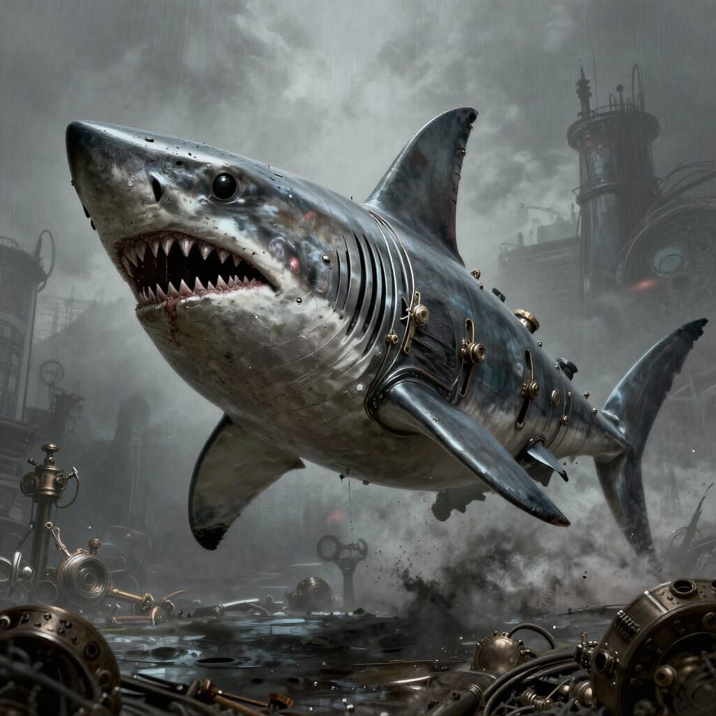 Steampunk Metallic Shark in Horror Style