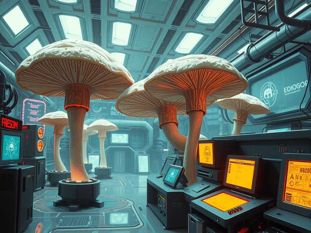 Giant Mushrooms Thrive in Cyberpunk Lab