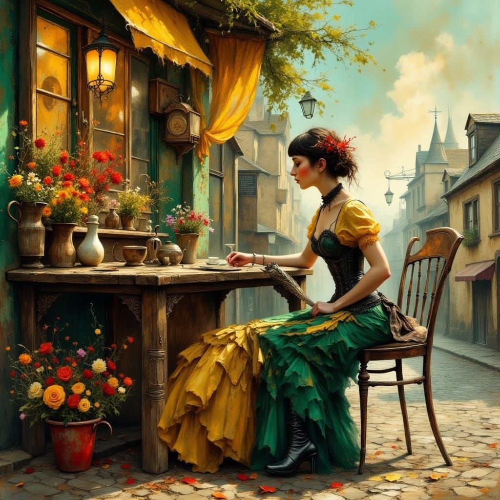 Steampunk Victorian Woman at Flower Shop Cafe