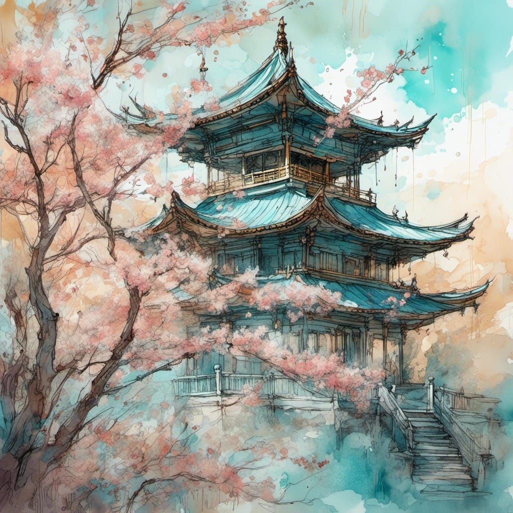 Cherry Blossoms and Pagoda in Alcohol Ink Style