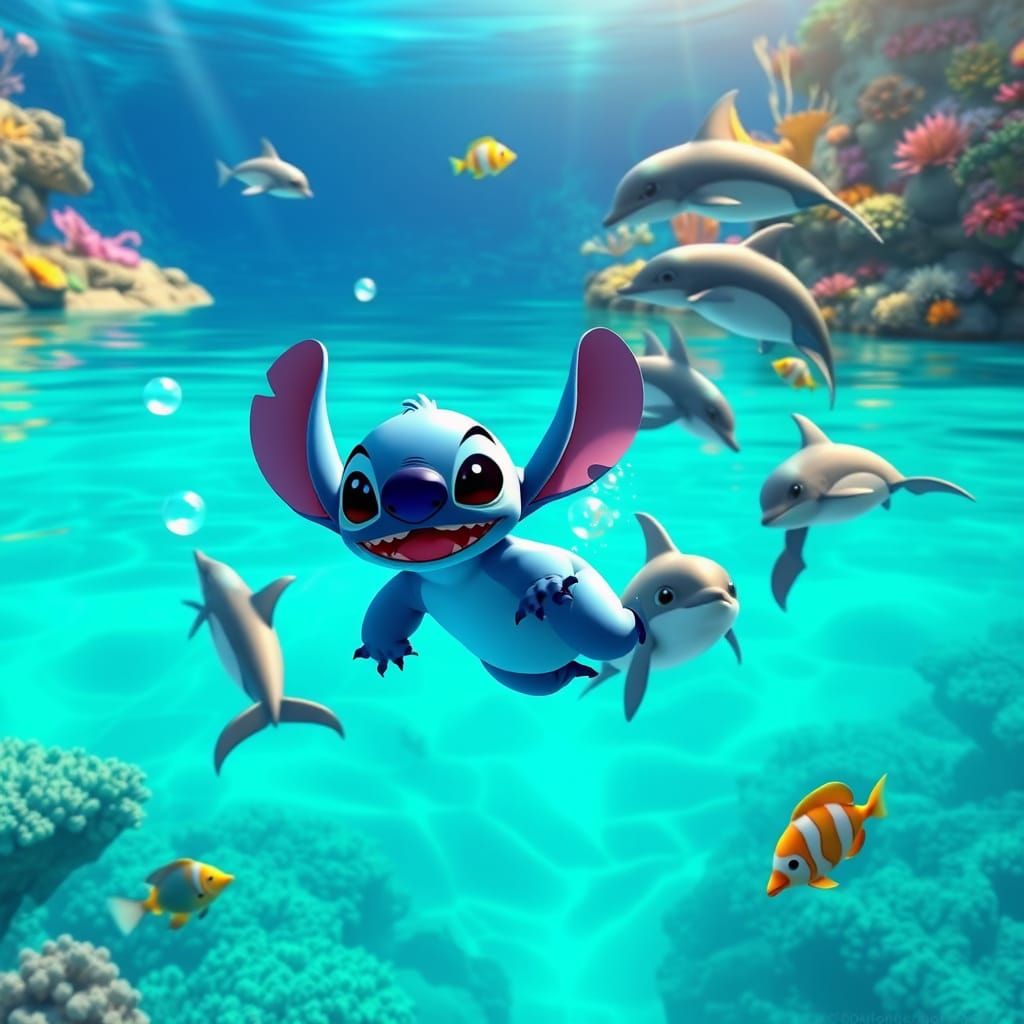 Stitch Swims with Dolphins in Sunny Ocean