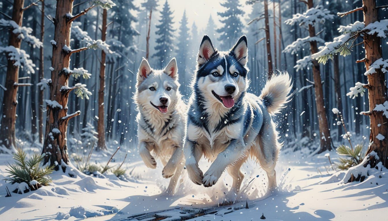 Husky Puppy Leaps Through Snowy Forest at Dawn