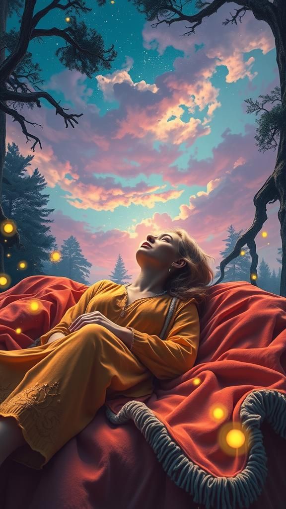Woman Gazing at Stars in Dreamy Surreal Style