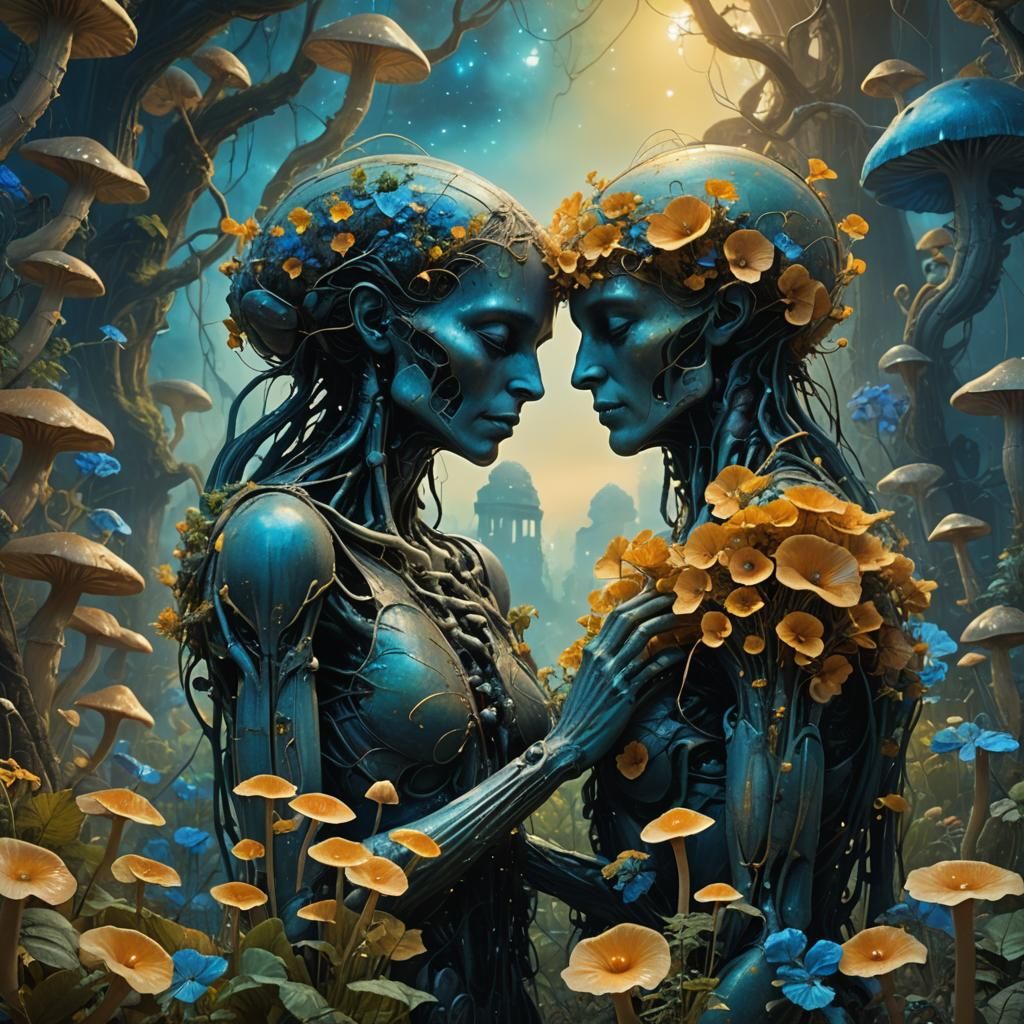 Embrace in a Surreal Iridescent Garden