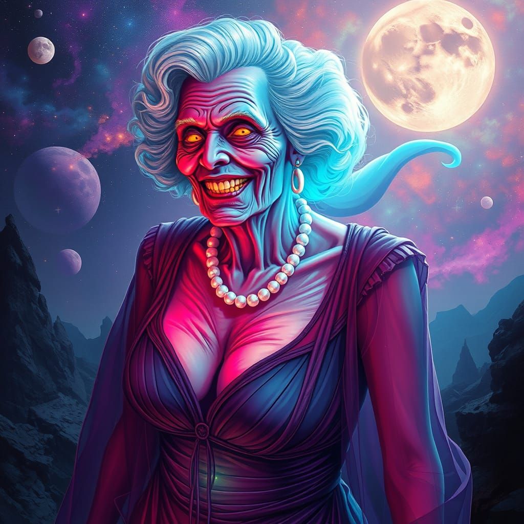Eerie Astral Granny Ghost in Holographic Illustration