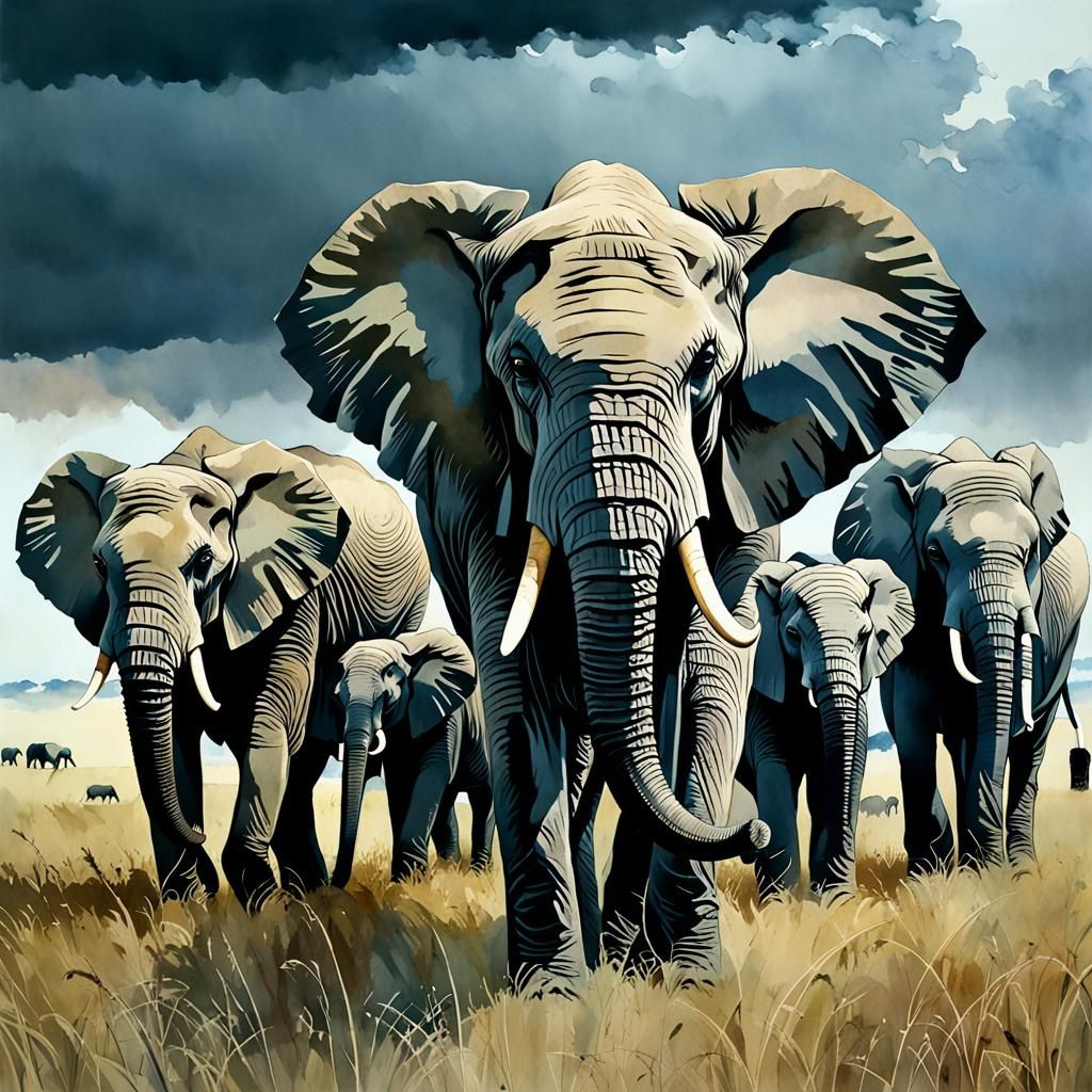 African Elephants Portrait on Plains in Splash Art Style