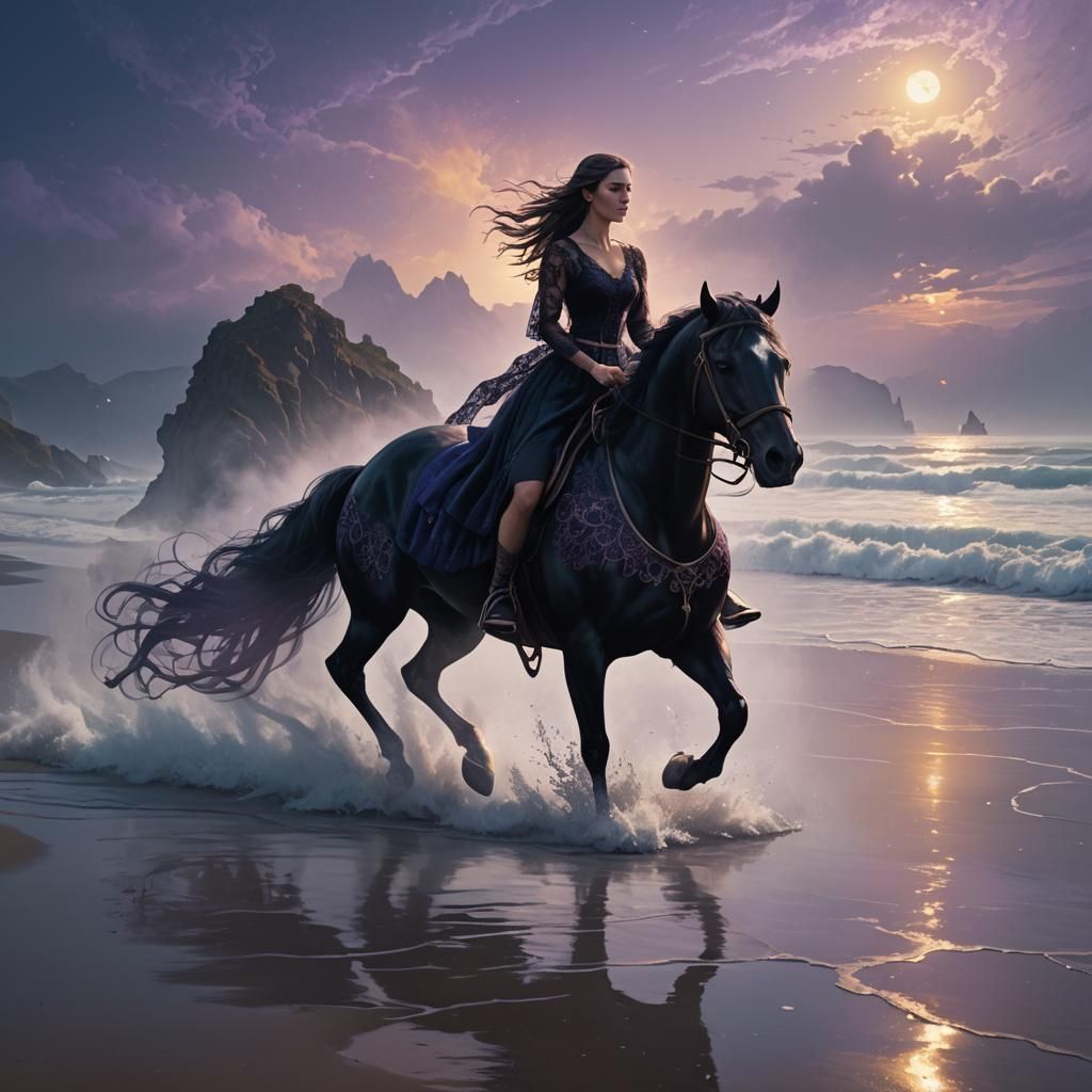 Girl Riding Horse on Misty Beach in Dark Academia Style