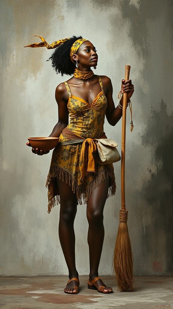 Confident Woman with Clay Bowl in Dark Fantasy Style