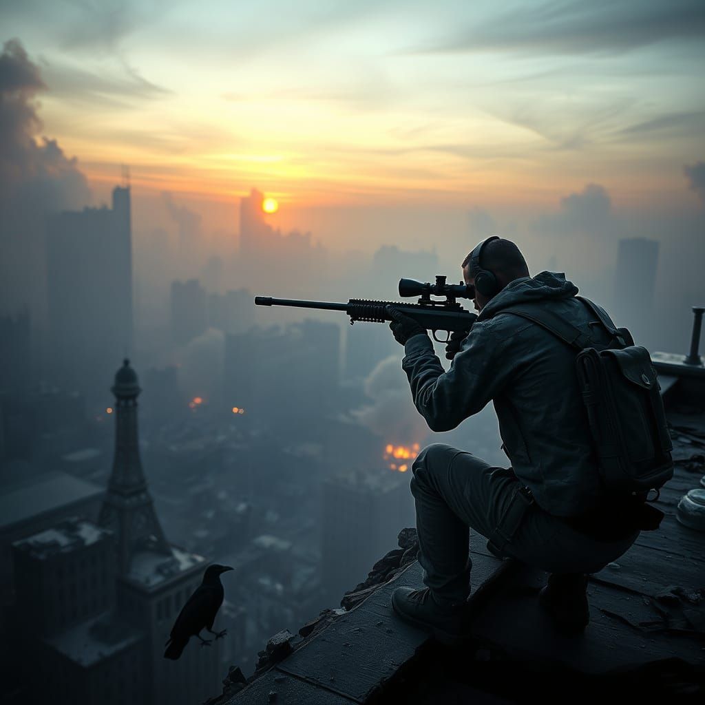 Sniper in War-Torn Cityscape at Dawn