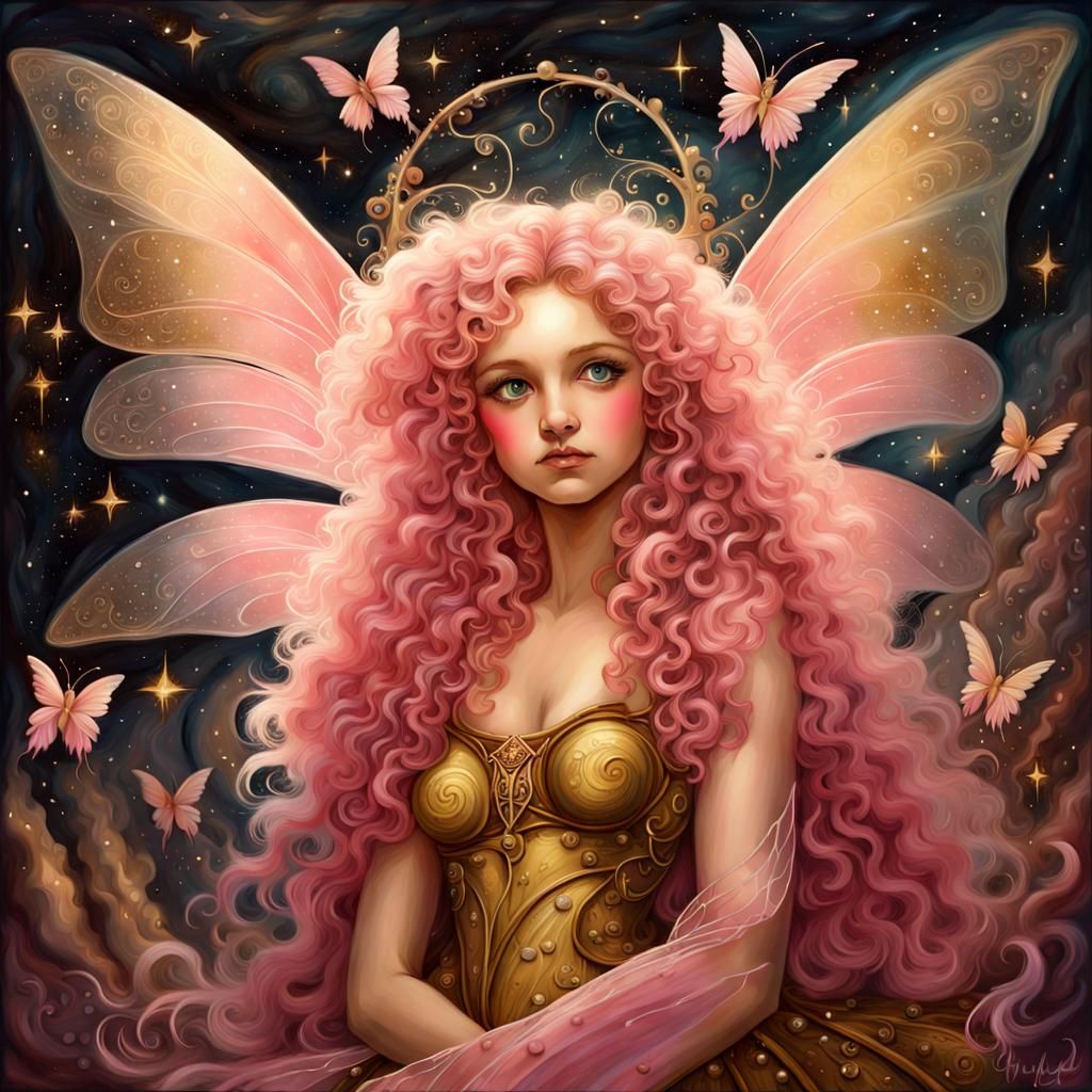 Bioluminescent Fairy Surrounded by Starlight in Oil Painting