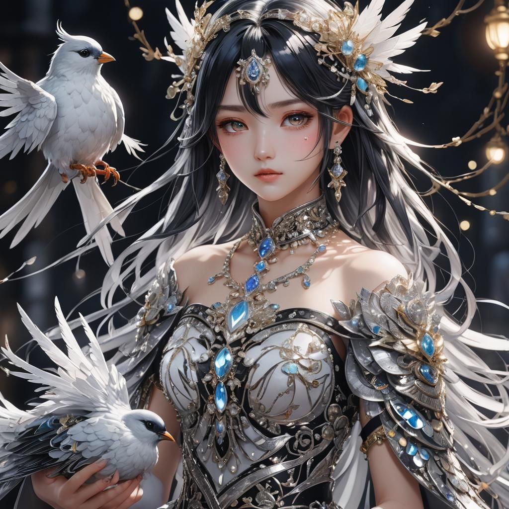 Girl with Jewel Dress and Luminescent Bird: Anime Art