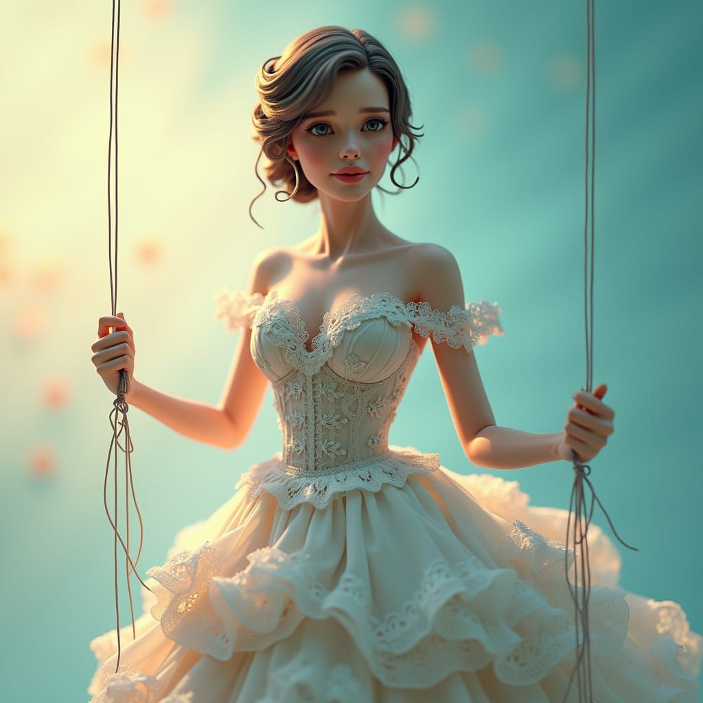 Marionette Woman in Lace Gown: 3D Digital Art