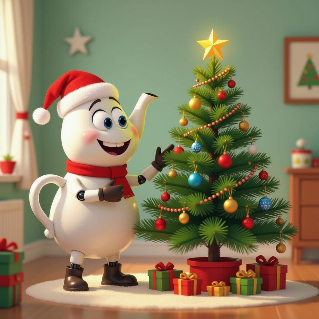 Pixar Style Teapot Humanoid Decorating a Christmas Tree