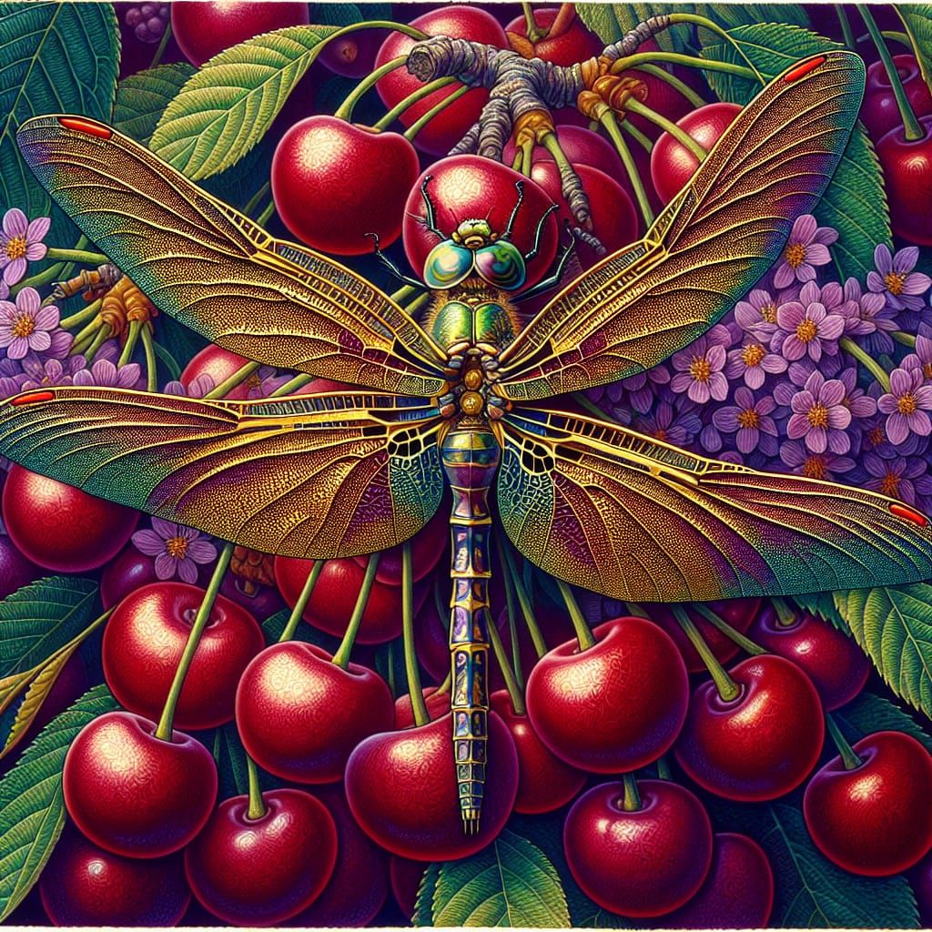 Golden Dragonfly on Cherry Tree: Romantic Style