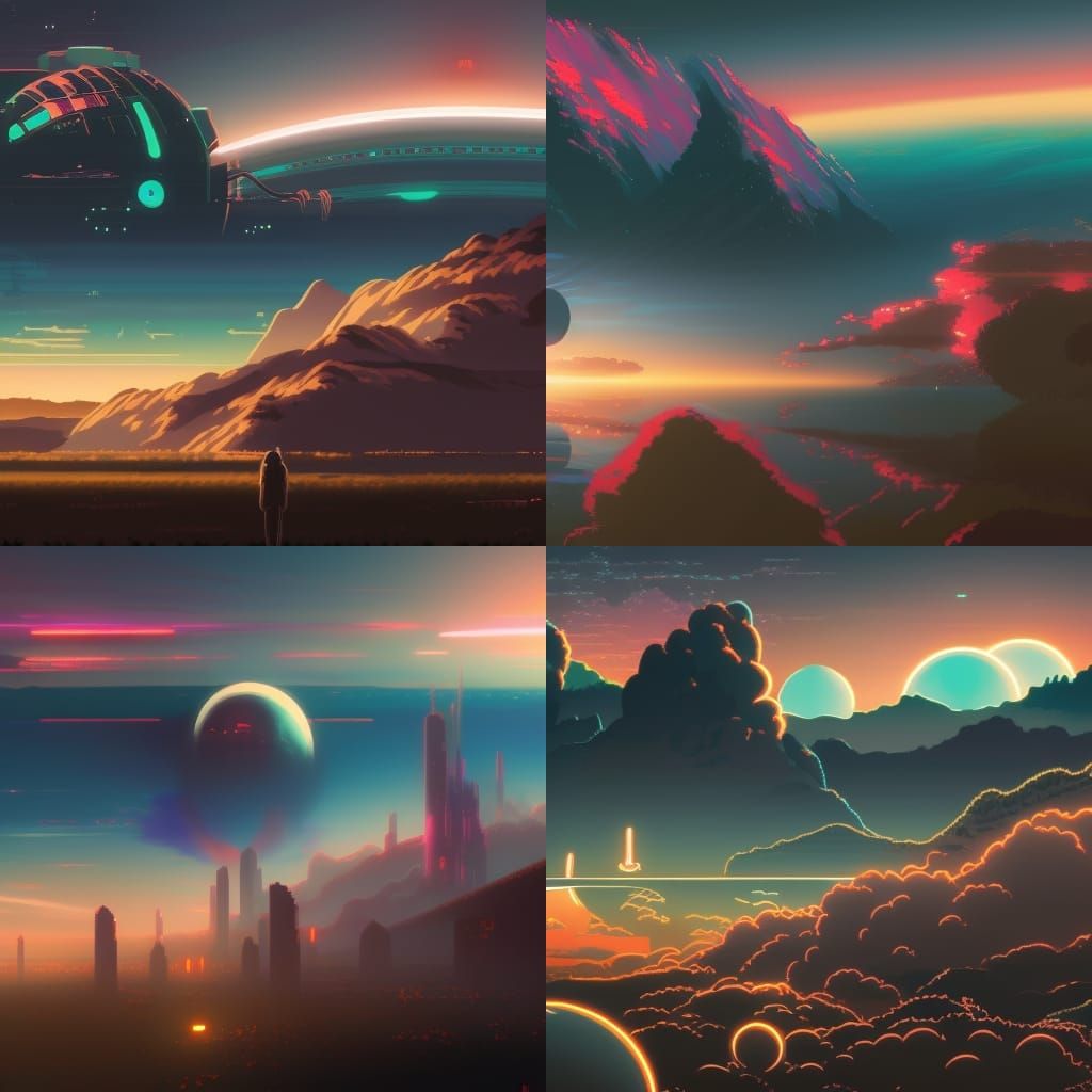 Science Fiction Landscape with Spaceships, Synthwave Style