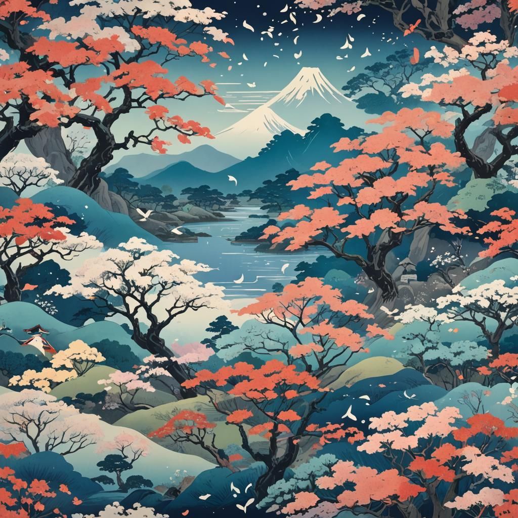 Musical Notes in Ukiyo-e Japanese Garden