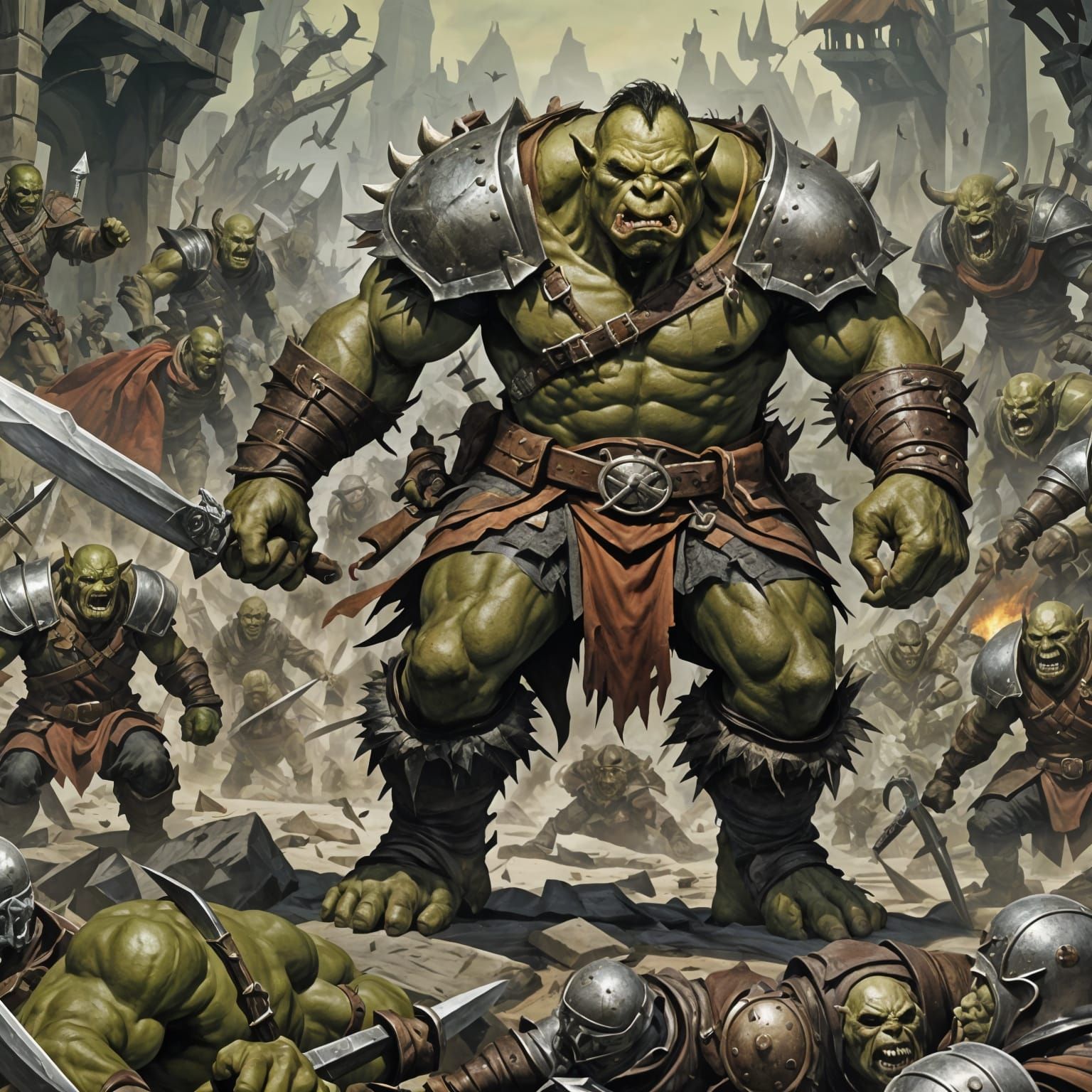 Fierce Orc Warrior on Battlefield in DnD Style