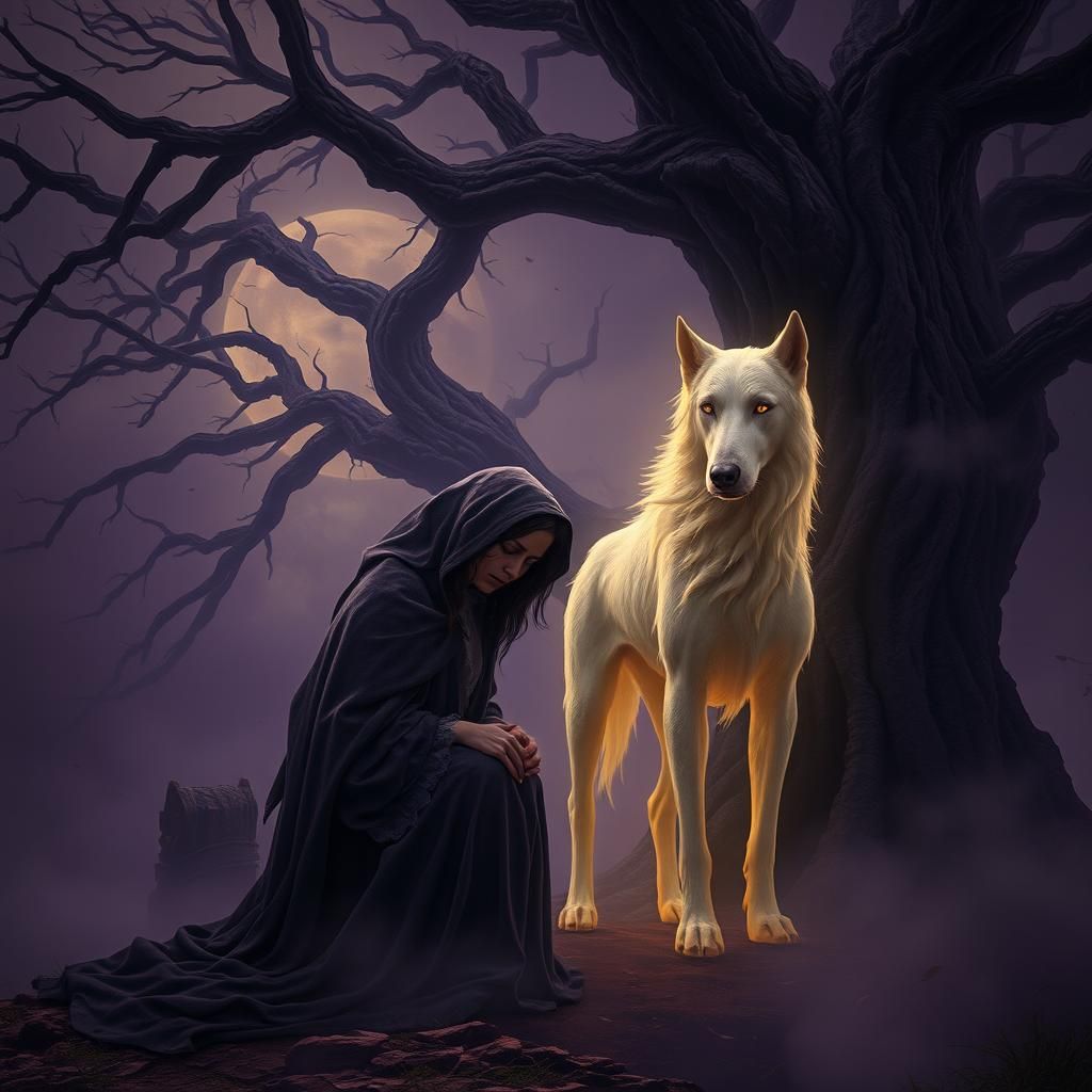 Sorrowful Woman with Ghost Dog in Art Nouveau Style