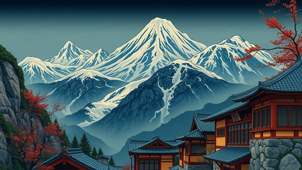 Japanese Mountain Village in Ukiyo-e Style