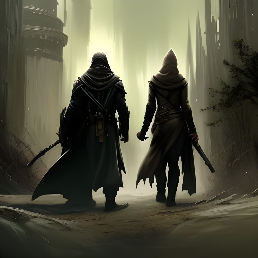 Hunters Stand Back-to-Back in Dark Fantasy Style