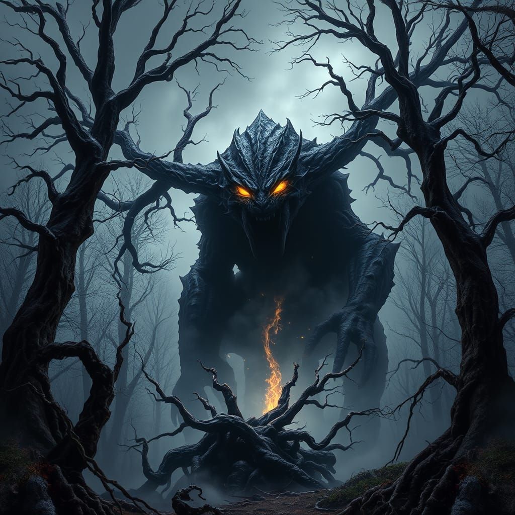 Colossal Creature in Dark Fantasy Forest, Ethereal Glow