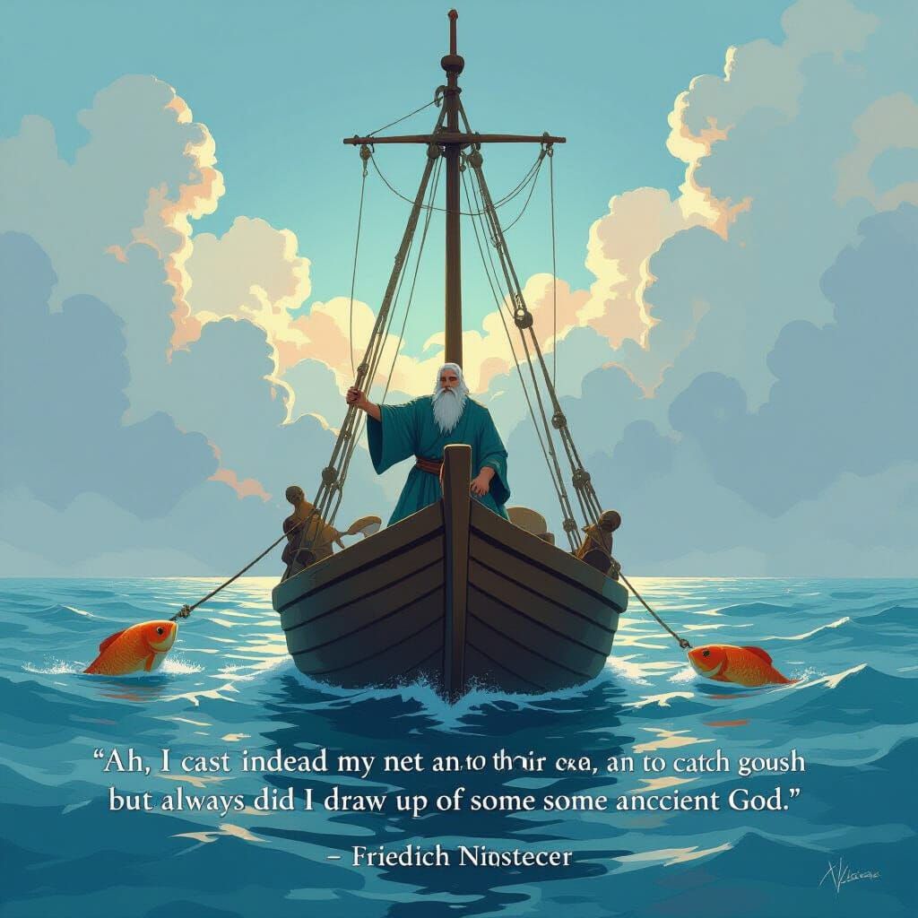 Ancient God's Head Pulled From Sea in Artistic Illustration