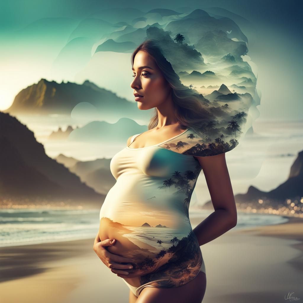 Pregnant Woman Double Exposure with Copacabana Beach