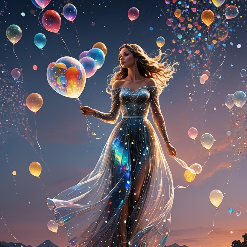 Crystal Woman with Balloons in Starry Landscape