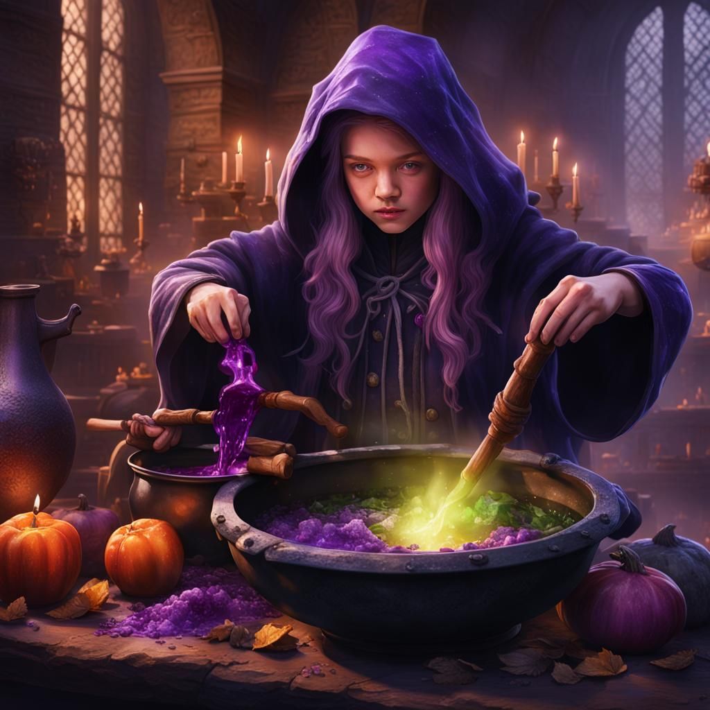 Hogwarts Witch Brewing Purple Potion: Fantasy Concept Art