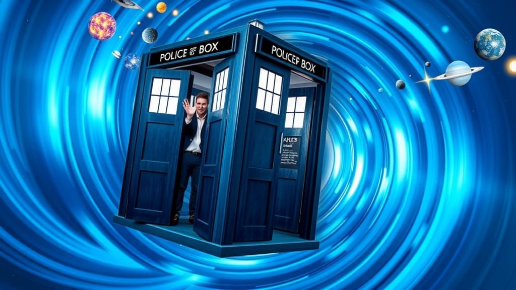TARDIS in Blue Space-Time Vortex, Sci-Fi Illustration