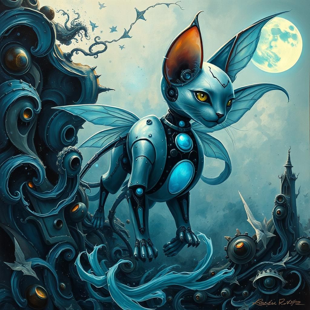 Robot Fairy Elf Cat in Impasto Dreamscape
