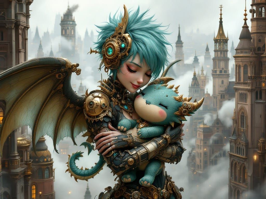 Steampunk Android with Clockwork Wings and Plushie