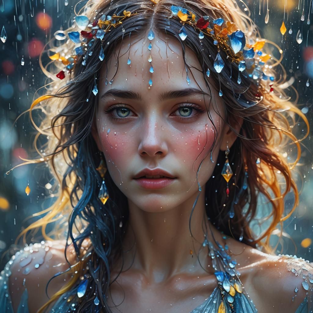 Ethereal Woman Bathed in Crystal Rain: Fantasy Art