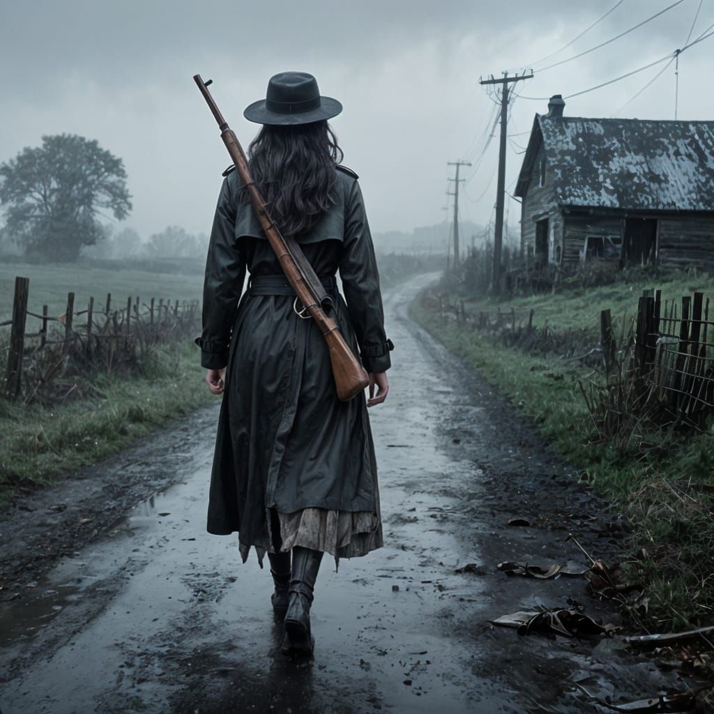 Gloomy Backshot of Woman on Abandoned Road