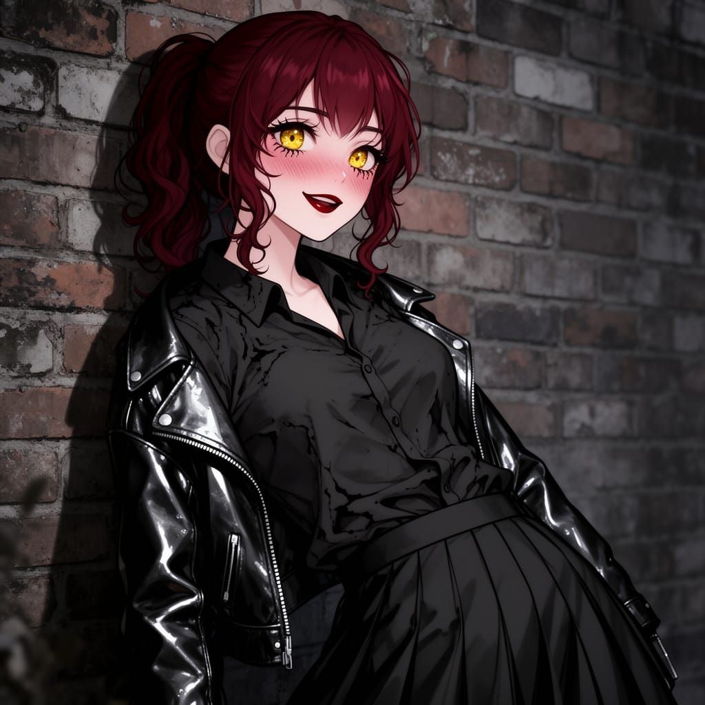 Anime Girl Leaning Against Brick Wall in Dark Aesthetic
