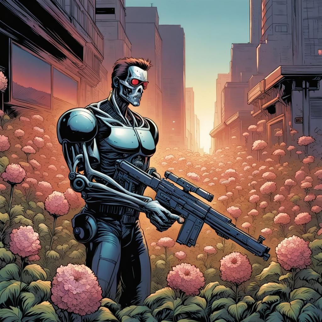 Terminator Smelling Flowers in Comic Book Style
