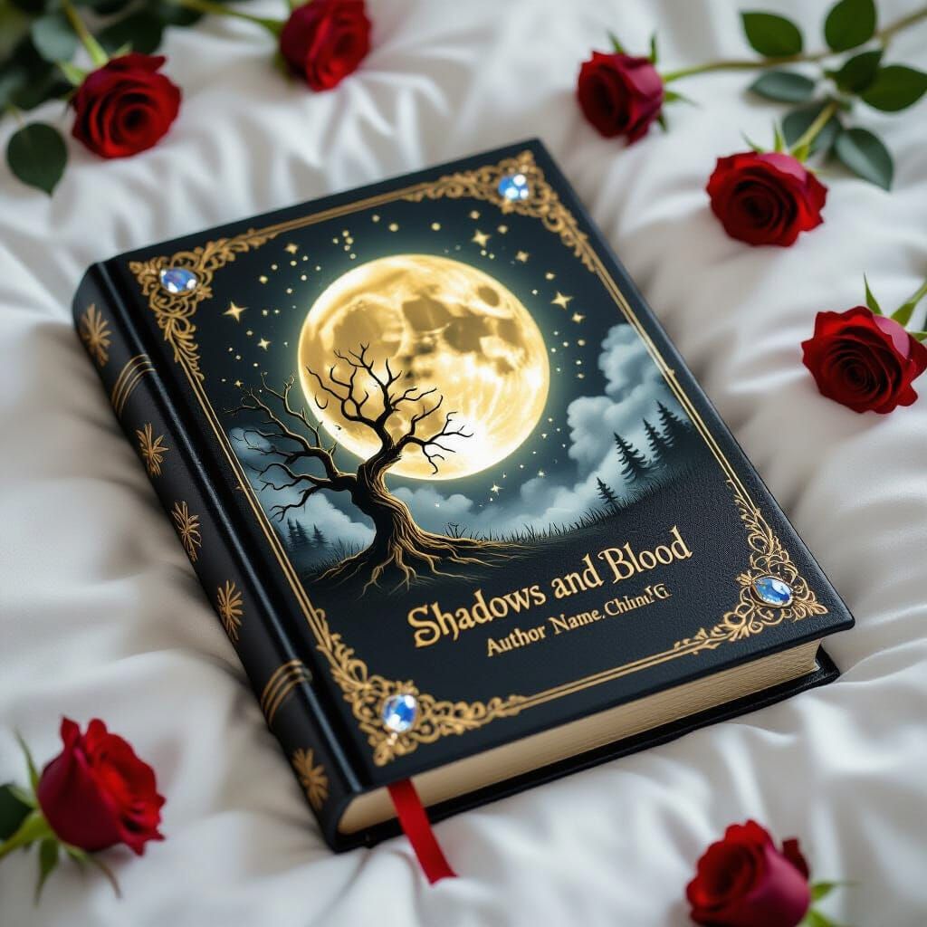 Photorealistic Black Leather Book on White Bed with Roses