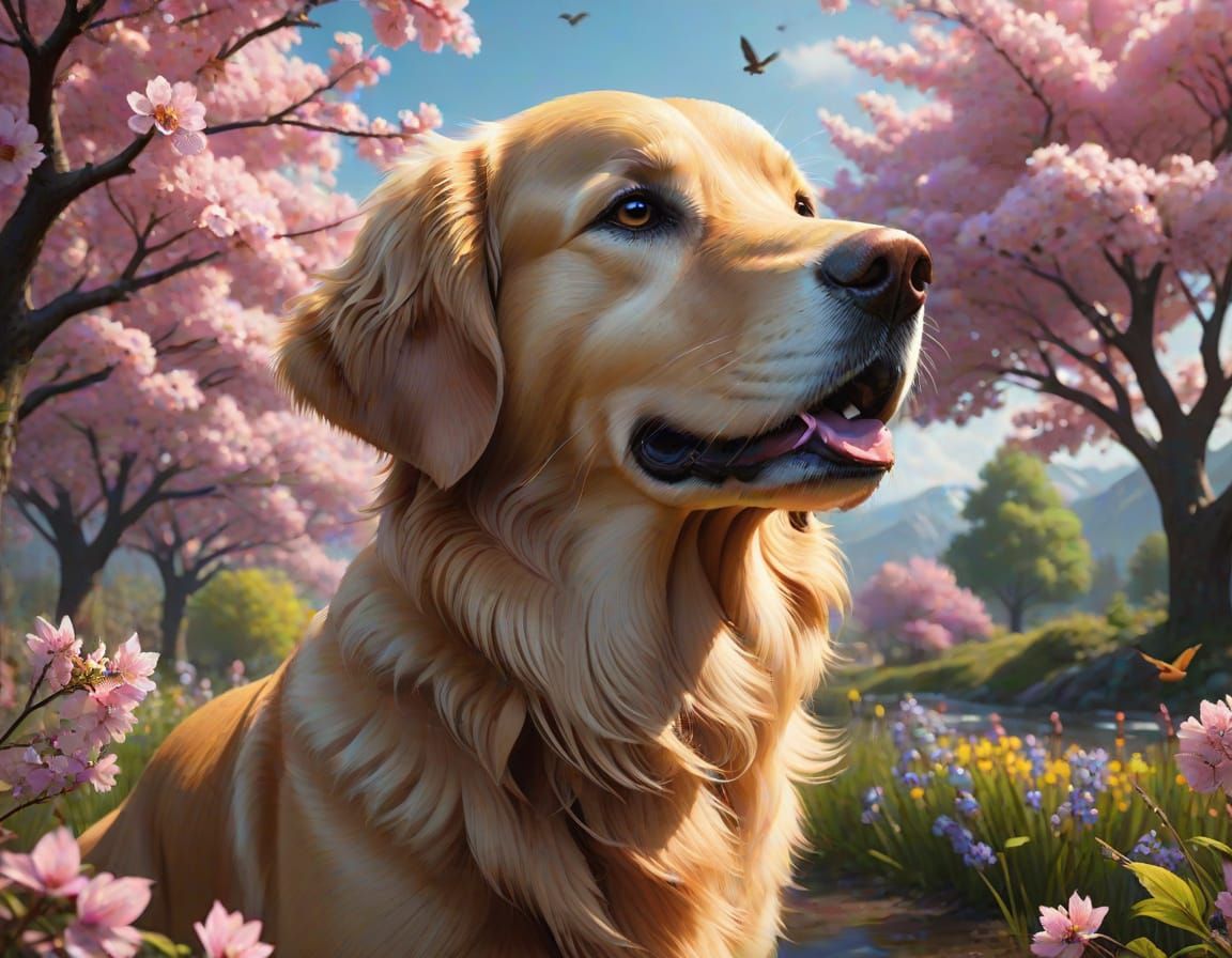 Golden Retriever in Vibrant Spring Wonderland