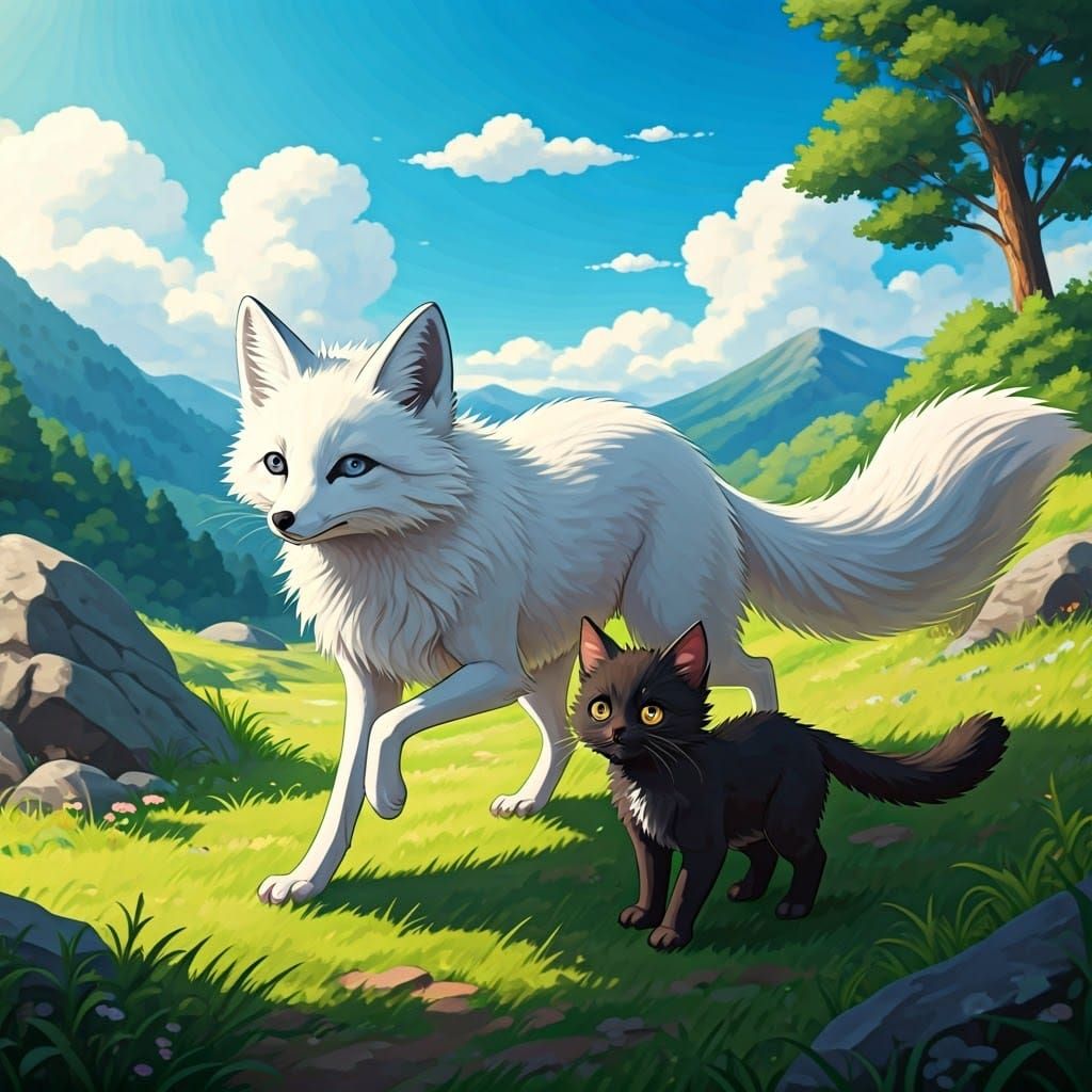 Majestic Fox and Kitten in Whimsical Anime Landscape
