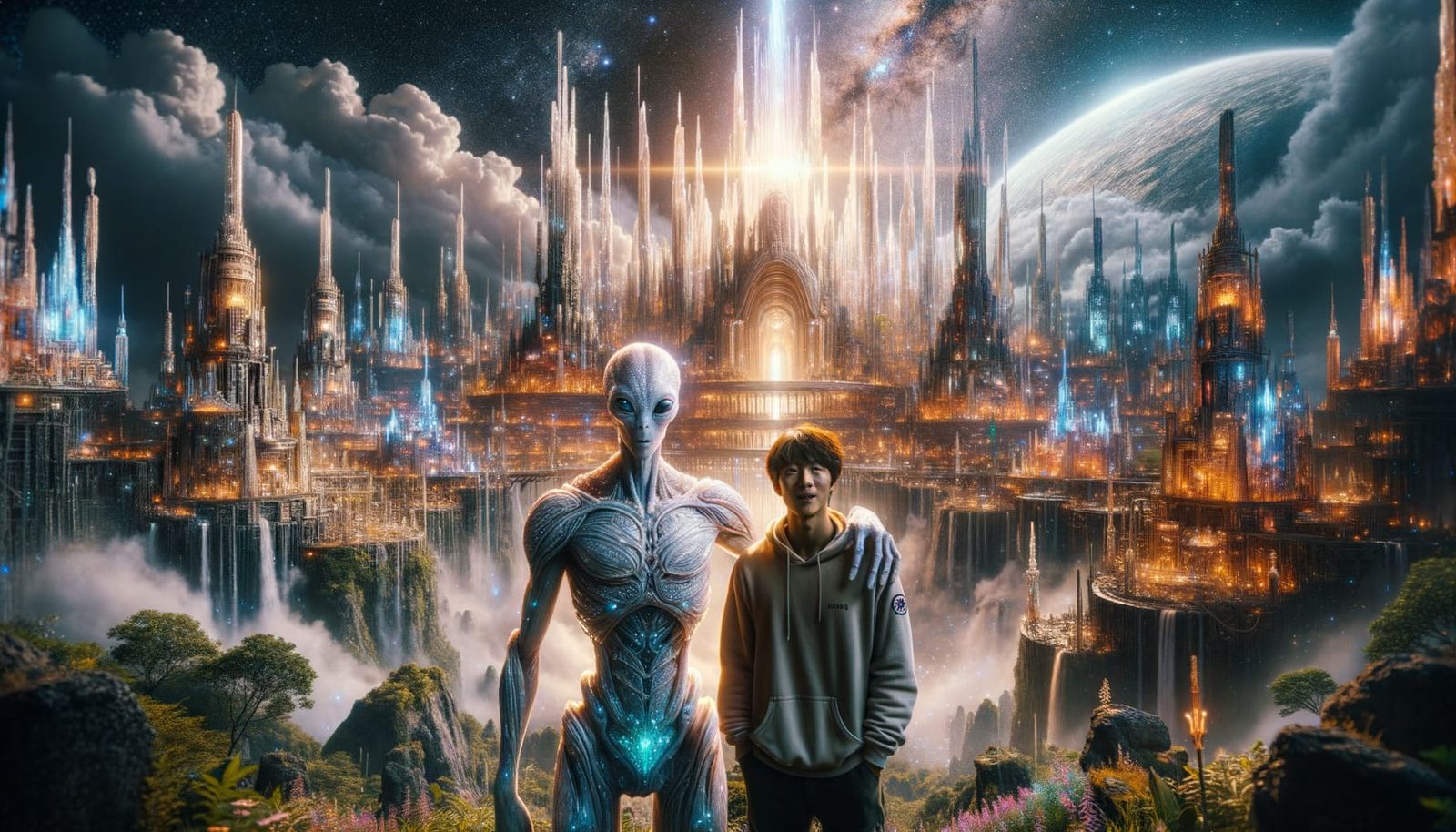 Photo of A young man of South Korean descent and an alien crystalline being of about eight feet tall on the streets of a...